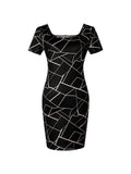 Women Dress Square Neck Short Sleeve Geometric Print Bodycon Mini Dress Sleek Spring Summer Chic Party Club Night Out Flattering