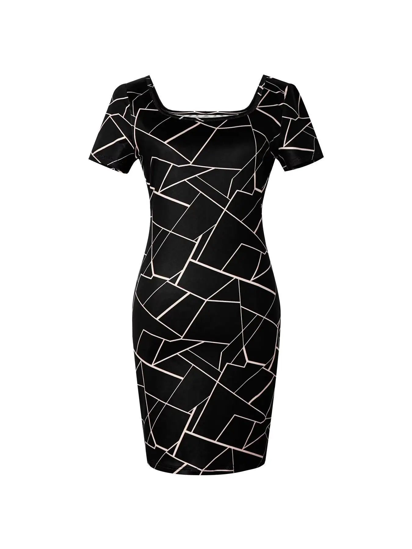 Women Dress Square Neck Short Sleeve Geometric Print Bodycon Mini Dress Sleek Spring Summer Chic Party Club Night Out Flattering