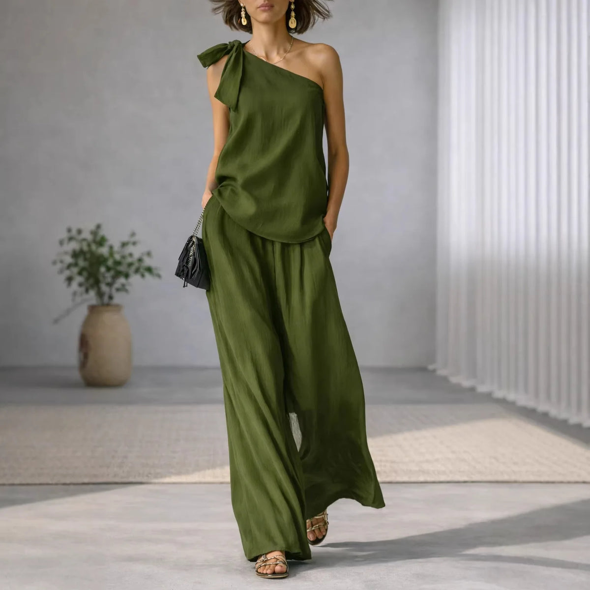 Shoulder Bared Sleeveless Top with Tie Detail And Wide Leg Pants Spring Summer New Style Comfortable Casual Business Commuting