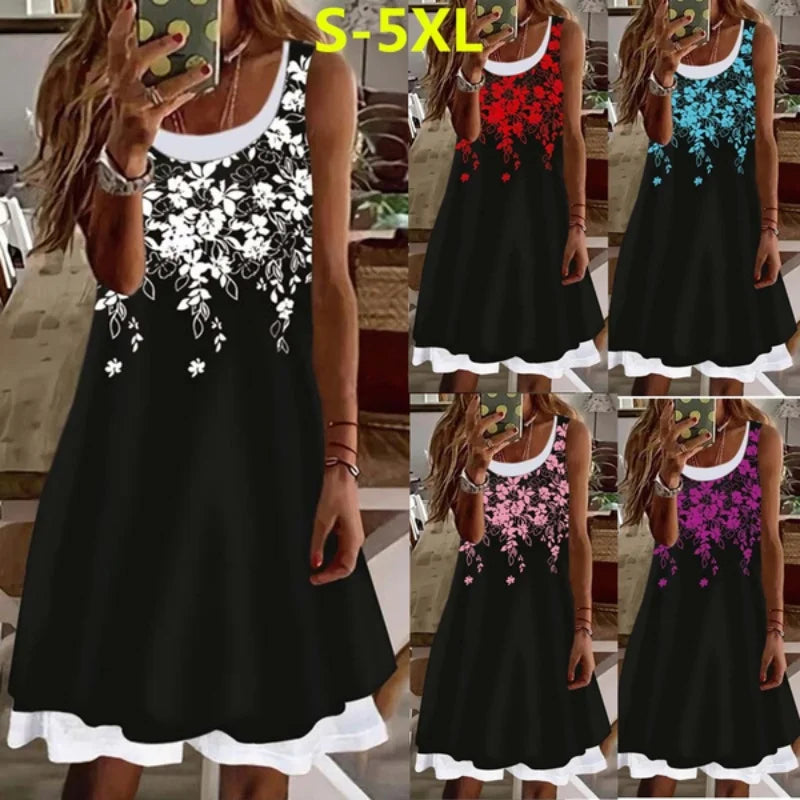 Woman Clothes Dresses Printed Sleeveless Knee-high U-neck Casual Soft and Comfortable Loose Floral Fake Two Pieces Female Dress