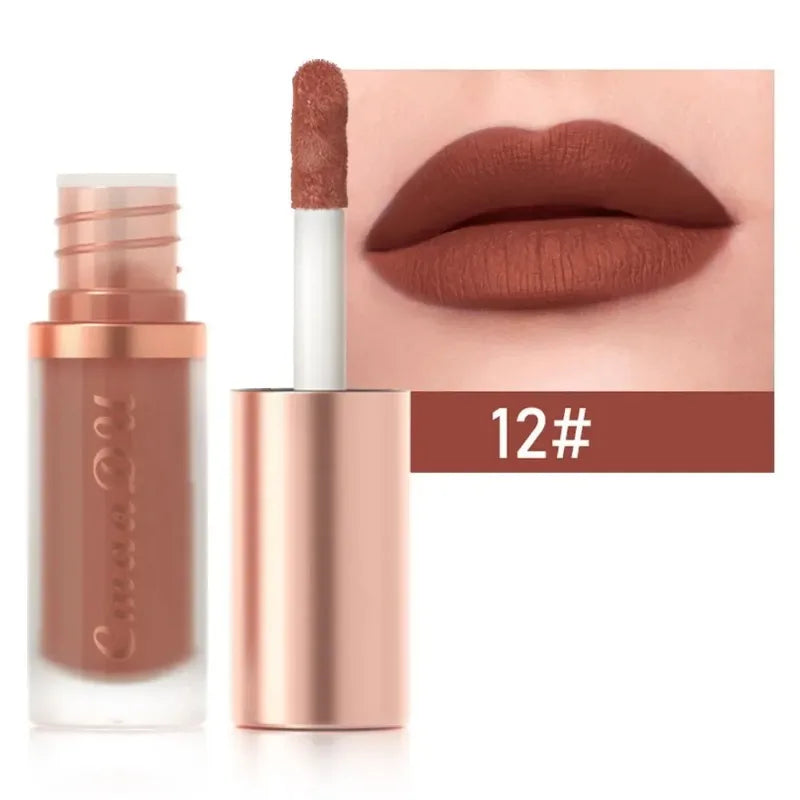 12 Colors Matte Velvet Lip Glaze Waterproof Liquid Lipstick Nude Brown Moisturizing Long Lasting Non-stick Cup Lip Gloss Makeup