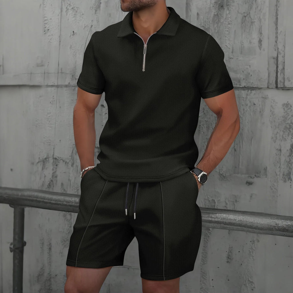 2025 Summer Solid Color Zipper Short Sleeve Set Shorts Two Piece Set Men's Wear