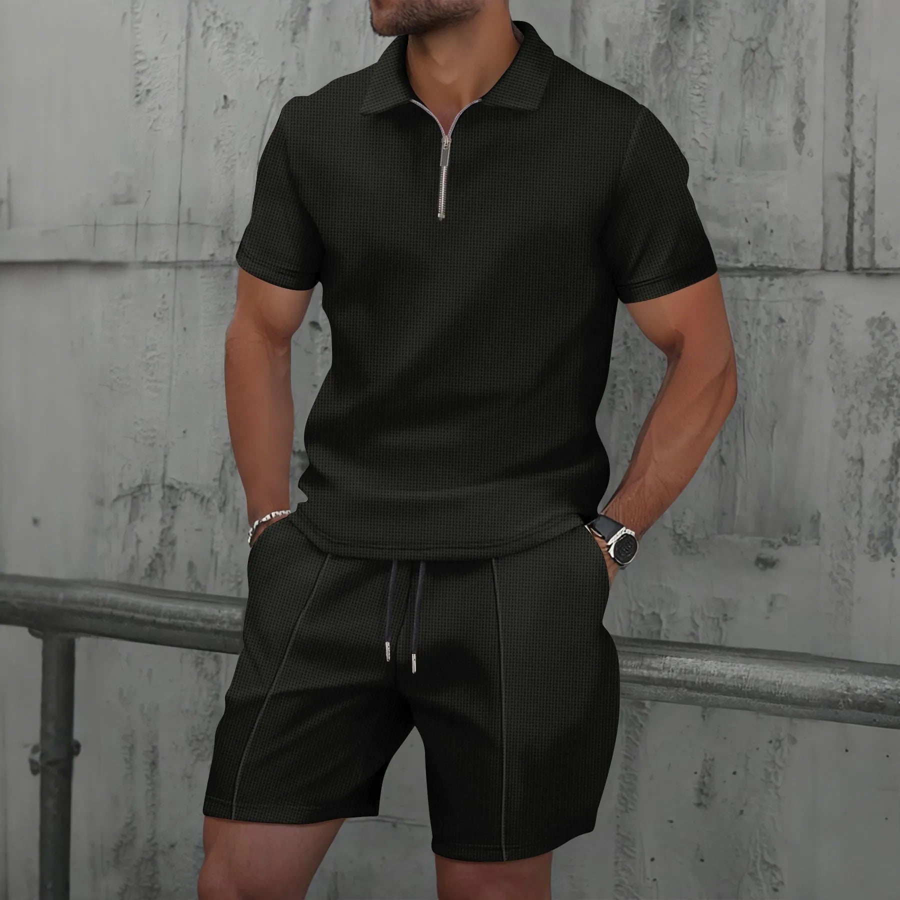 2025 Summer Solid Color Zipper Short Sleeve Set Shorts Two Piece Set Men's Wear