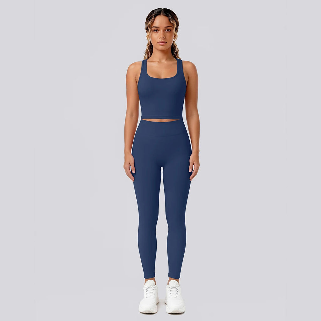 2PCS Solid Color Yoga Set for Woman's Gather Beautiful Back I-shaped Vest Shock-absorbing Running Yoga Tank Top Push Up Pants