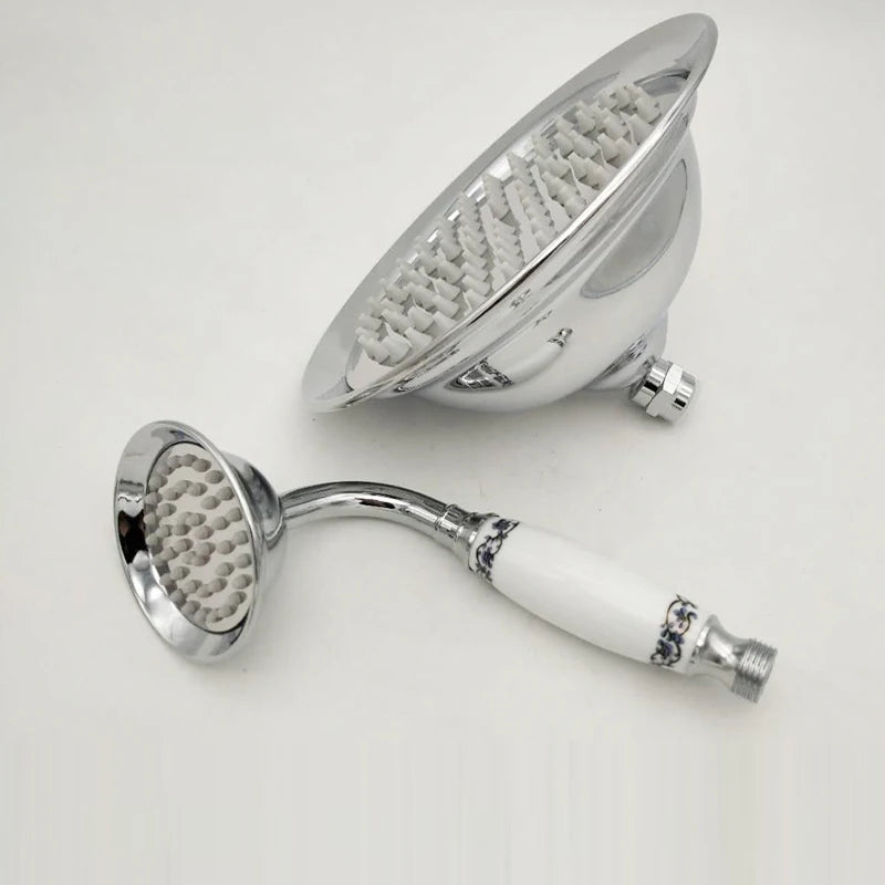 8 Inch Round Ceramic Handle Shower Head Bathroom Solid Brass Copper Rain Shower Head Waterall Hand Shower