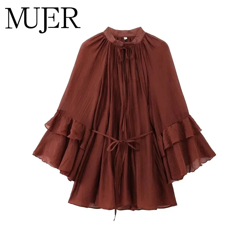MUJER Ruffle Short Dresses for Women Fairy Ruched Mini Dress Women Spring Semi Sheer Womens Dresses Loose Party Women's Dress
