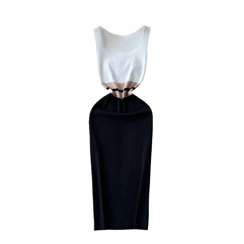 Women's White Black Patchwork Block Square Neck Sleeveless Stretchy Knit Bodycon Midi Dress Elegant Summer Daily Party Dress