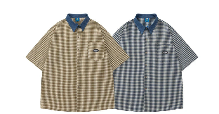 Sycpman American Style Retro Contrast Checkered Short Sleeved Shirts for Men and Women Trendy Loose Casual Shirt