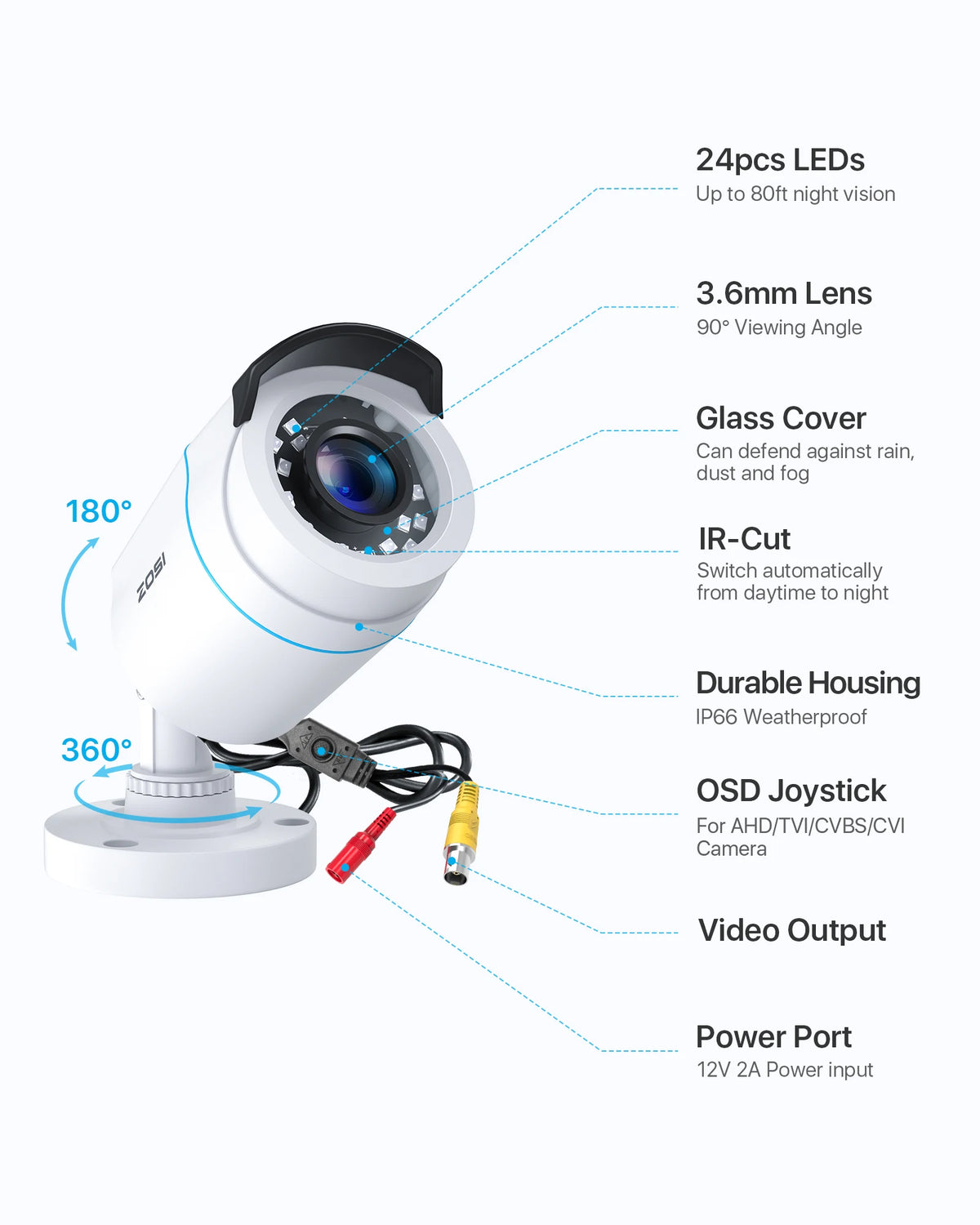 ZOSI 1080P HD TVI Bullet Security Camera Outdoor with 80ft IR Night Vision Motion Detection 2MP HD CCTV Surveillance White 2Pack/4Pack