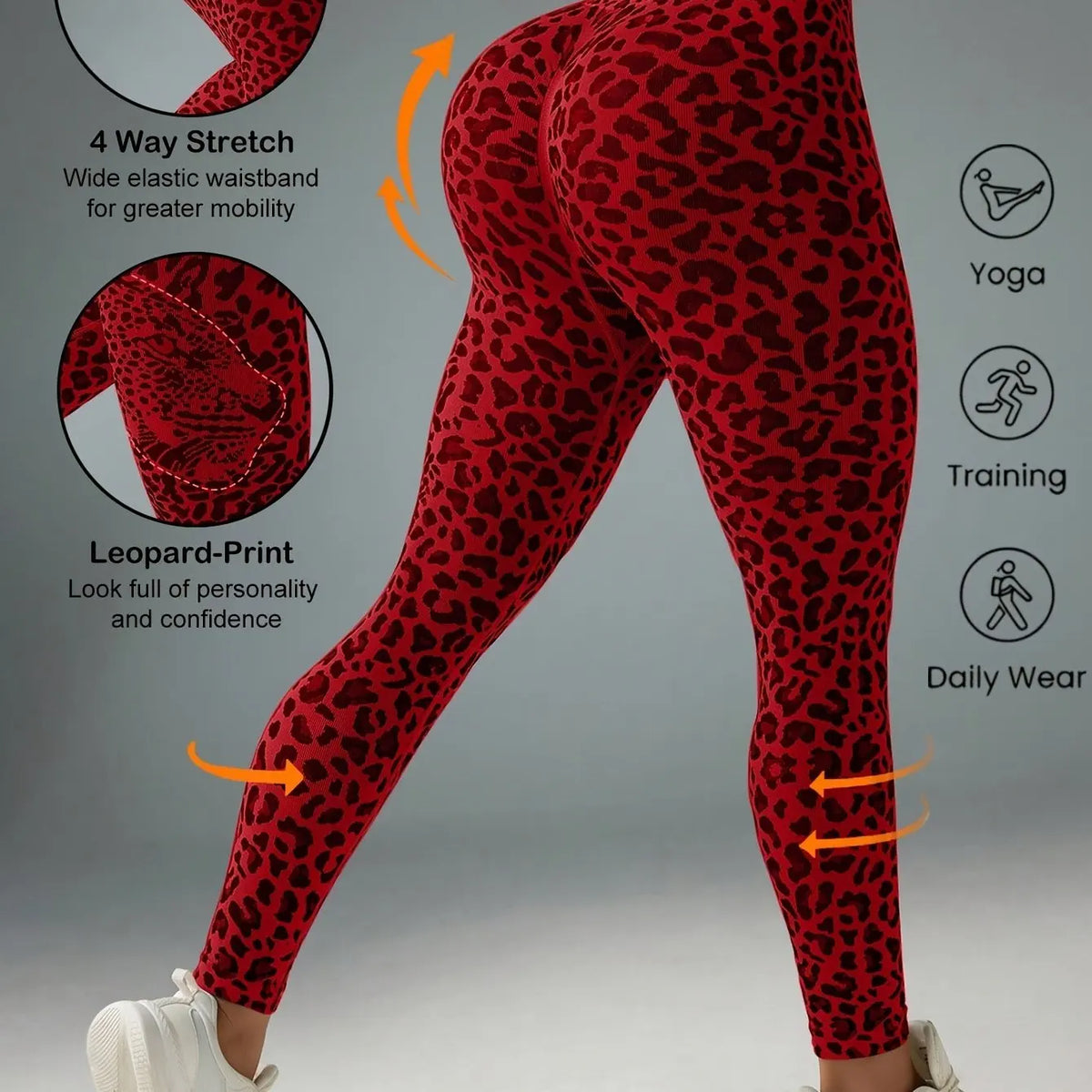 Women Mid‑Rise Fleece Lined Leggings Grey Leopard Print Slim Stretchy Warm Yoga Workout Pants