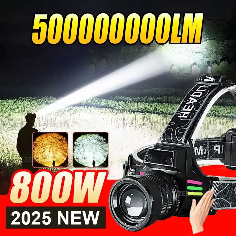 5000000LM Powerful Headlamp 800W Led Sensor Head Flashlight Long Range High Power Headlight With Yellow Light Fishing Head Torch