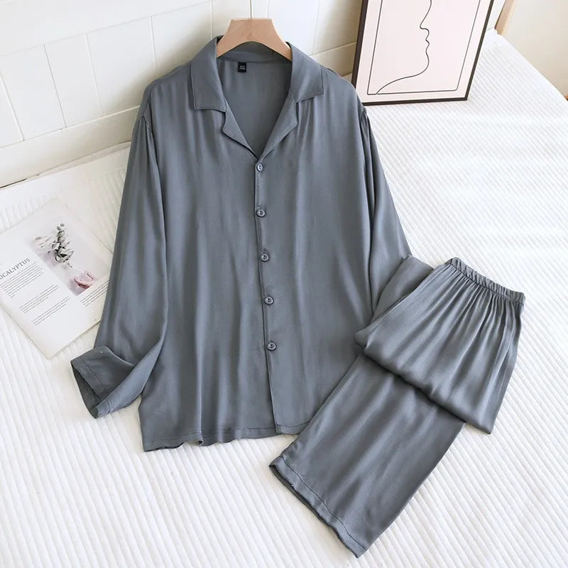 Men and Women's Cotton Silk Pajamas, Thin Satin Home Clothing, Long Sleeved Pants, Spring Pajama Sets, Pure Color, Couple, 2 Pcs