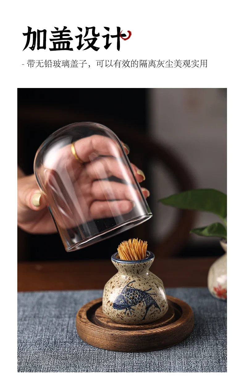 Japanese Retro Toothpick Box Home Toothpick Cotton Swabs Jar Ceramic Pot Glass Dust Cover Modern Exquisite Decoration Modern