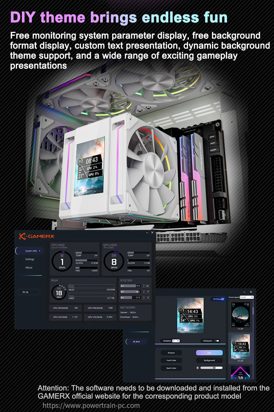 Power Train X-GAMERX MK8 Air Cooling CPU Radiator 6 Heat pipes Radiator ARGB Dual Fan LCD Screen Cooler INTEL LGA1700 1200 AM5