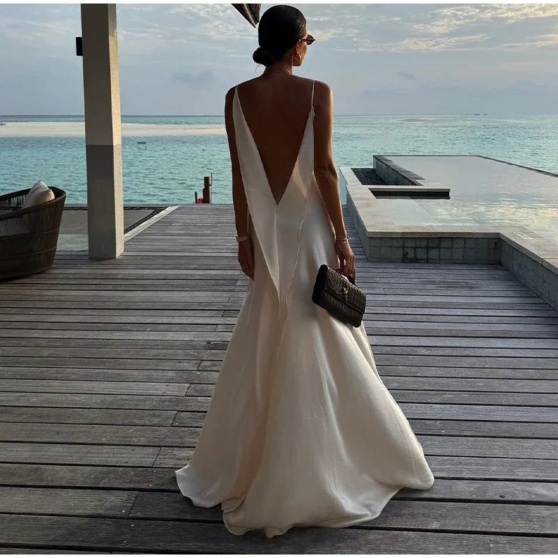 Backless Satin Long Sling Dress Women V Neck Sleeveless Slit Solid Sexy Party Dresses 2026 Summer Lady Vacation Evening Robes