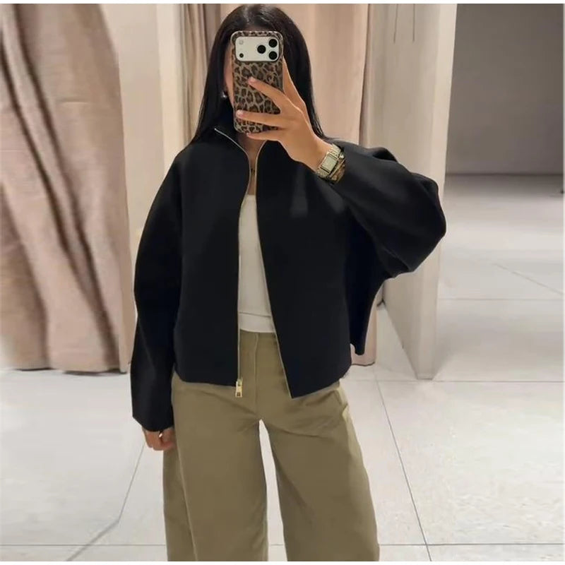 Elegant Knitted Zipper Women's Sweater Solid Full Sleeve Stand Collar Loose Open Stitch Female 2026 Fashion Autumn Outwear Lady