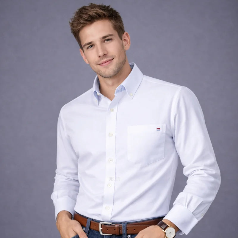 Men's 100% Cotton Smart Casual Shirt Long Sleeve Plaid Oxford Casual Solid Color Print Regular Fit Dress Shirt Oversized  6XL