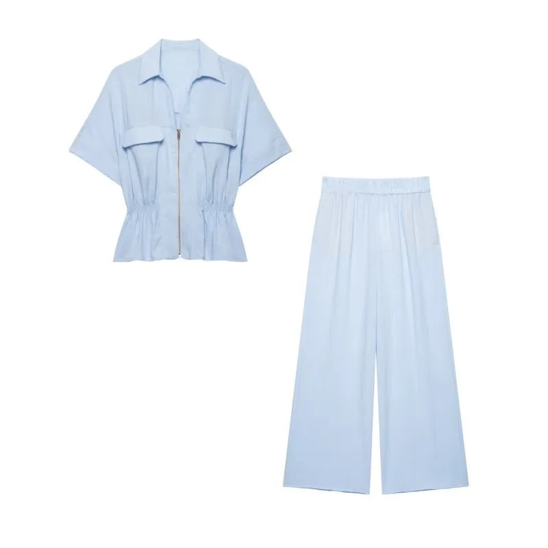 Women's Pants Set New 2026 Summer Zipper Safari Shirt High Waist Wide Leg Trousers with Elastic Waist 2 Piece Set Female Outfit