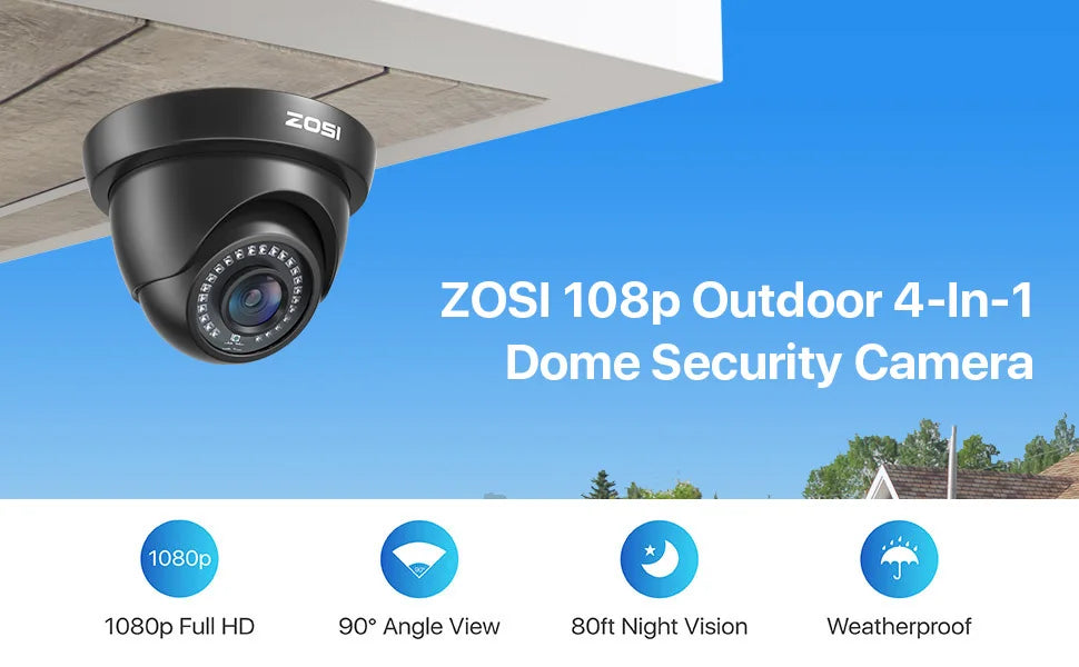 ZOSI 2MP CCTV Security Camera 1080P HD 4-in-1 AHD TVI CVI CVBS Weatherproof Home Dome Video Surveillance Camera for DVR System