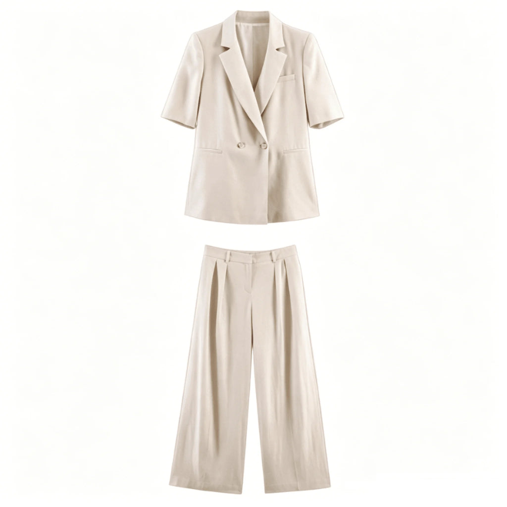 Women's Two Piece Suit Summer 2026 Double Breasted Short Sleeve Blazer High Waist Wide Leg Trousers Female Commute Office Set