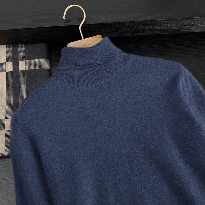 Autumn/Winter Men's 100% Cashmere Pullover Business Casual Solid Knitted Sweater Loose High Collar Tops Basic Thick Warm Jumper