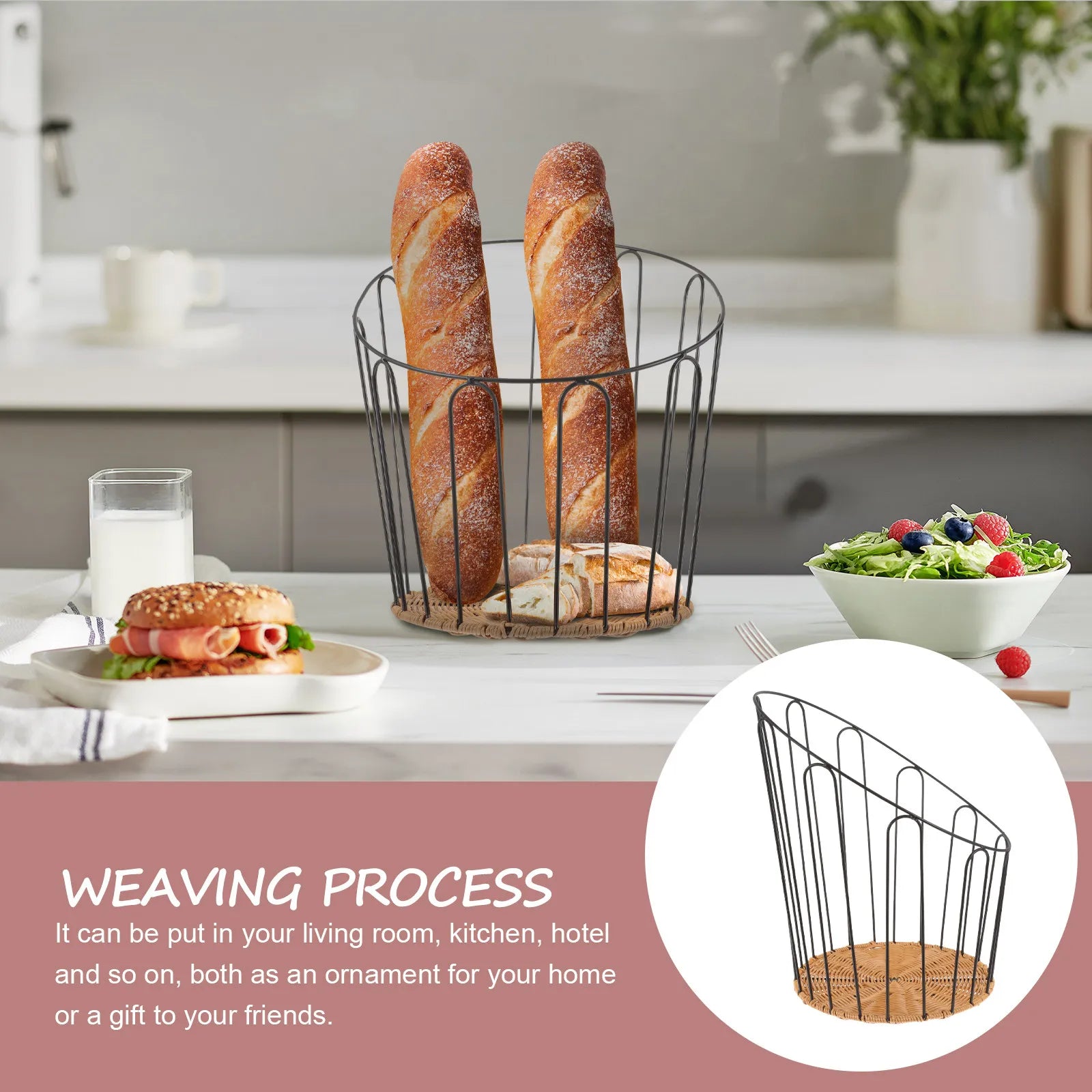 Bread Storage Basket Iron Frame Woven Rustic Hollow Bread Basket for Kitchen Countertop Serving Fruit Snacks Storage