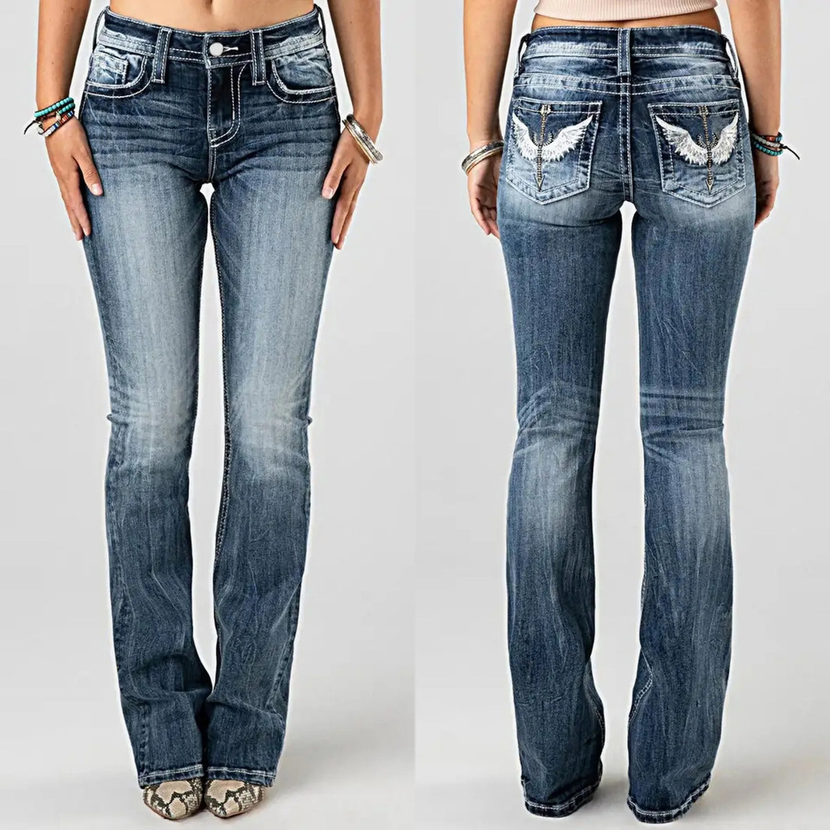 Women Embroidery Pockets Distressed Jeans Mid Waist Stretch Slim Fit Pants Vintage Denim Trousers Autumn Female Streetwear