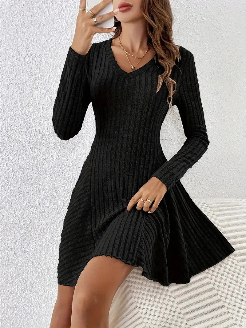 Women's V-Neck Knit Dress - Long Sleeve Swing Mini Dress, Elegant Bodycon Short Dress