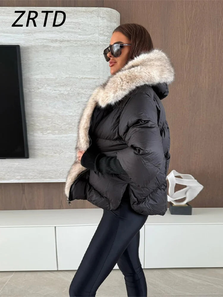 Fashion Women's Faux Fur Hooded Winter Jackets 2025 Warm Patchwork Zipper Full Sleeve Coats Puffer Female Solid Down Jacket