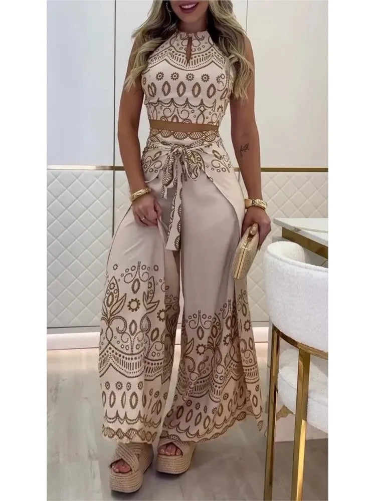 Summer New Fashion Printed Casual Loose Suit Literary Retro Sleeveless Halter Top Wide-leg Pants Commuting Two-piece Sets