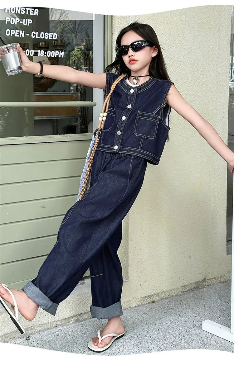 Summer teen Girls Denim Set 2024 Child Sleeveless Cowboy vest+Wide leg pants Two Piece junior kid jeans suit child outfits 10 12