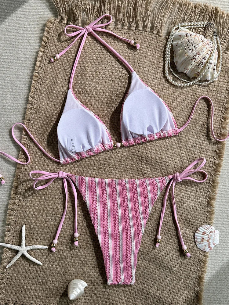 2026 Summer Women's Striped Knitted Solid Color Bikini Set Sexy Fashion Beach Vacation Bandage Swimsuit