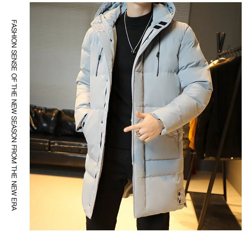2023 Warm Hooded Mid-length Jacket Mens Casual Zip Up Cotton Padded Jacket Overcoat Autumn Winter Windbreaker Coats Men Clothing