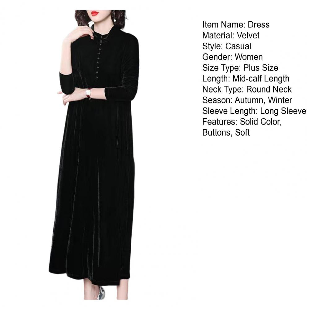 Women Fall Dress Solid Color Loose Long Sleeves Button Maxi Dress Keep Warm Velvet Mom Spring Dress Women Clothes