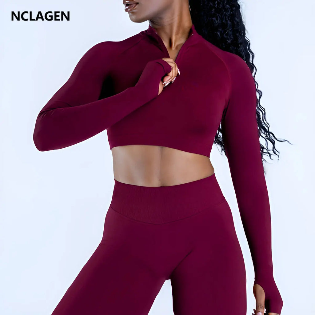NCLAGEN Crop Zippy Fitness Top Long Women Sleeve GYM Clothes Seamless Running Workout Quick Dry Pilates Sports Yoga Shirt