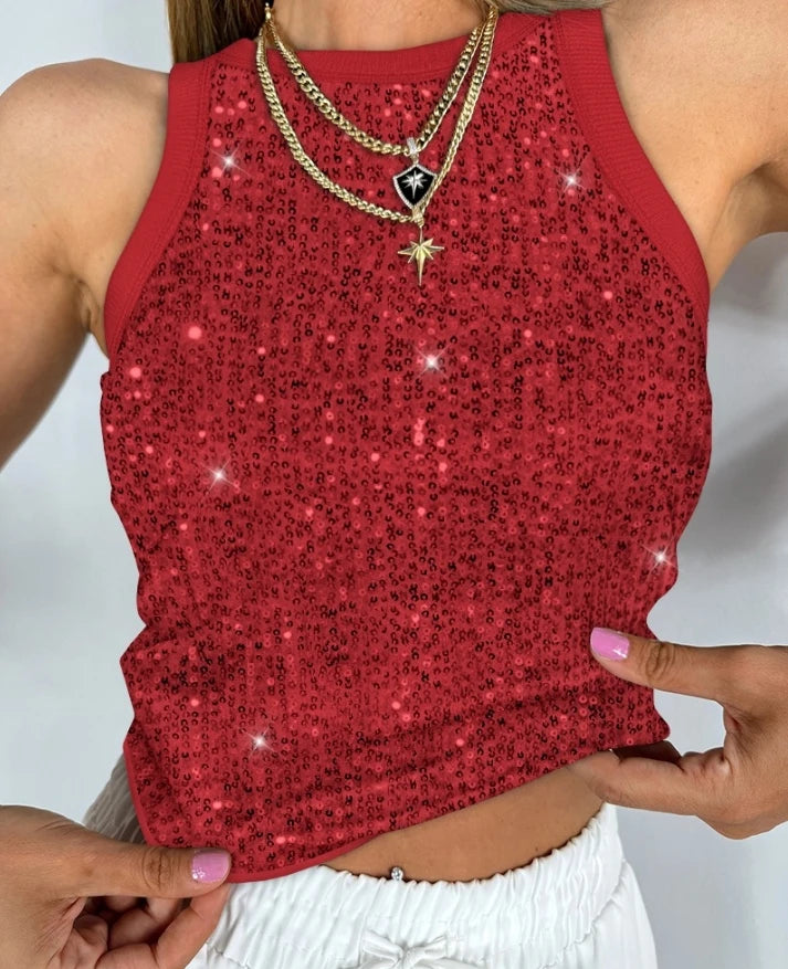 Top Women 2024 Summer Fashion Jacquard Leopard Pattern Metallic O-Neck Sleeveless Casual Skinny Daily Crop Tank Top
