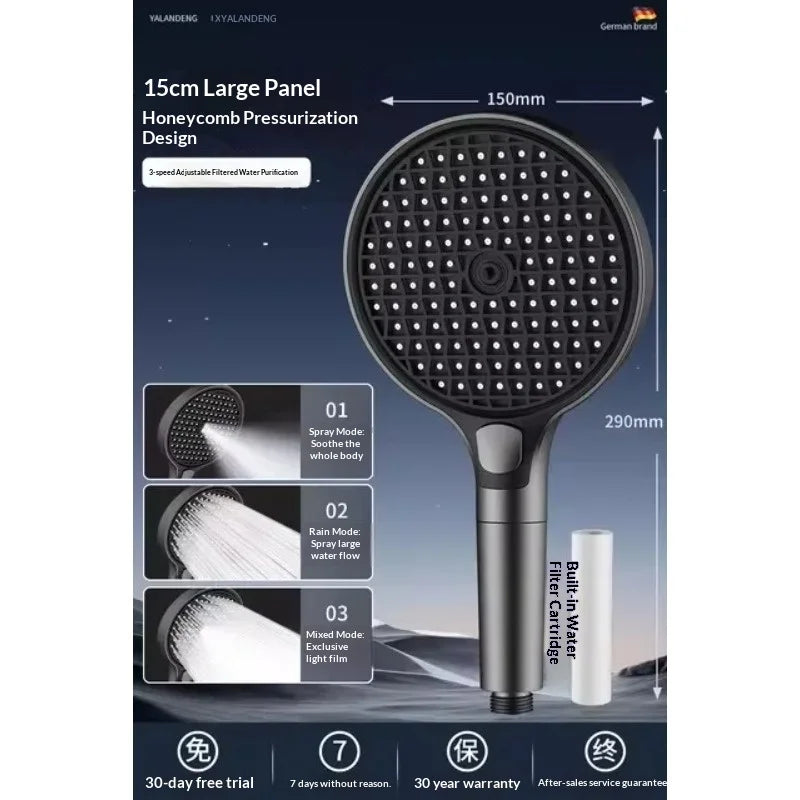 15CM Big Panel High Pressure Shower Head With Filter 3 Modes Large Flow Spray Nozzle Rainfall Shower Faucet Bathroom Accessories