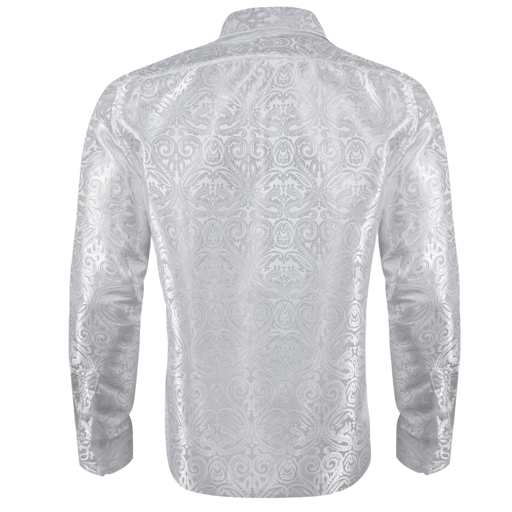 Barry.Wang Luxury Silk Mens Shirts Jacquard Floral Long Sleeve Formal Casual Breathable Male Blouses Wedding Business Prom Gift