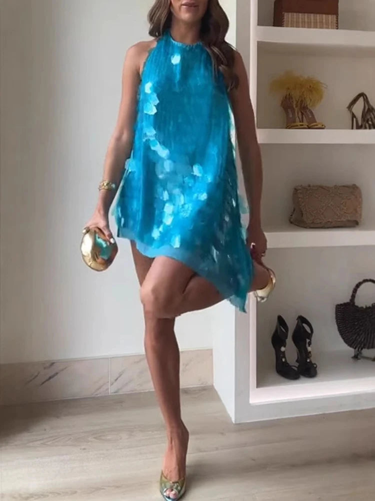 Women's 2026 Light Blue Halter Sequin Dress Sleeveless Loose Large Sequin A-Line Mini Dress Summer Evening Party Shining Gown