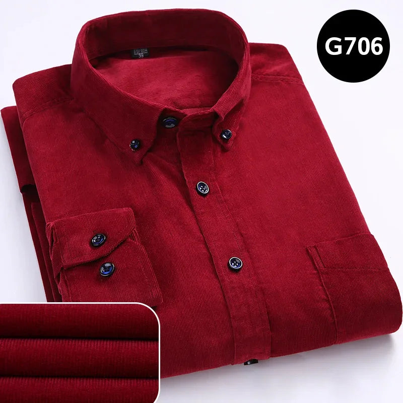 Cotton Corduroy Shirt Long Sleeve Winter Regular Fit Mens Casual Shirt Warm S~6xl Solid Men's Shirts with Pokets Autumn Quality
