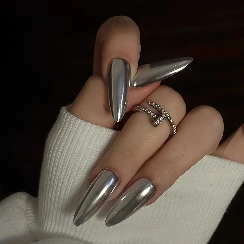 10PCS Metal Handmade Press on Nails Acrylic Magic Full Cover Fake Nails Reusable Adhesive Silver Artificial Cool Manicure Art