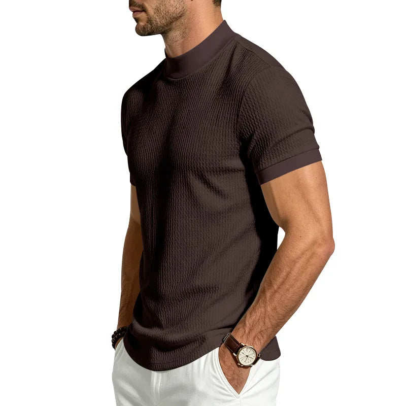 Men Summer Solid Jacquard Textured Mock Neck Short Sleeve T Shirt Slim Fit Simple Versatile Casual Daily Male Basic Tees