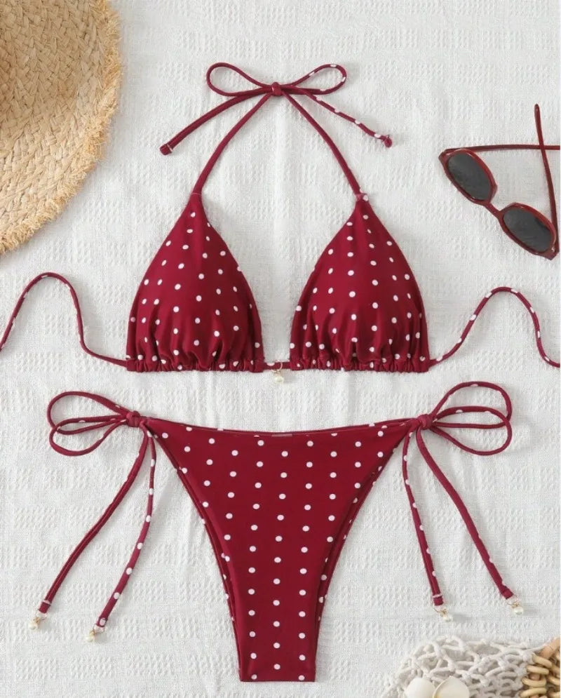Women Retro Red Polka Dot Halter Bikini Set Adjustable Tie Triangle Two Piece Swimsuit Removable Pad Brazilian  Swimwear S-XL