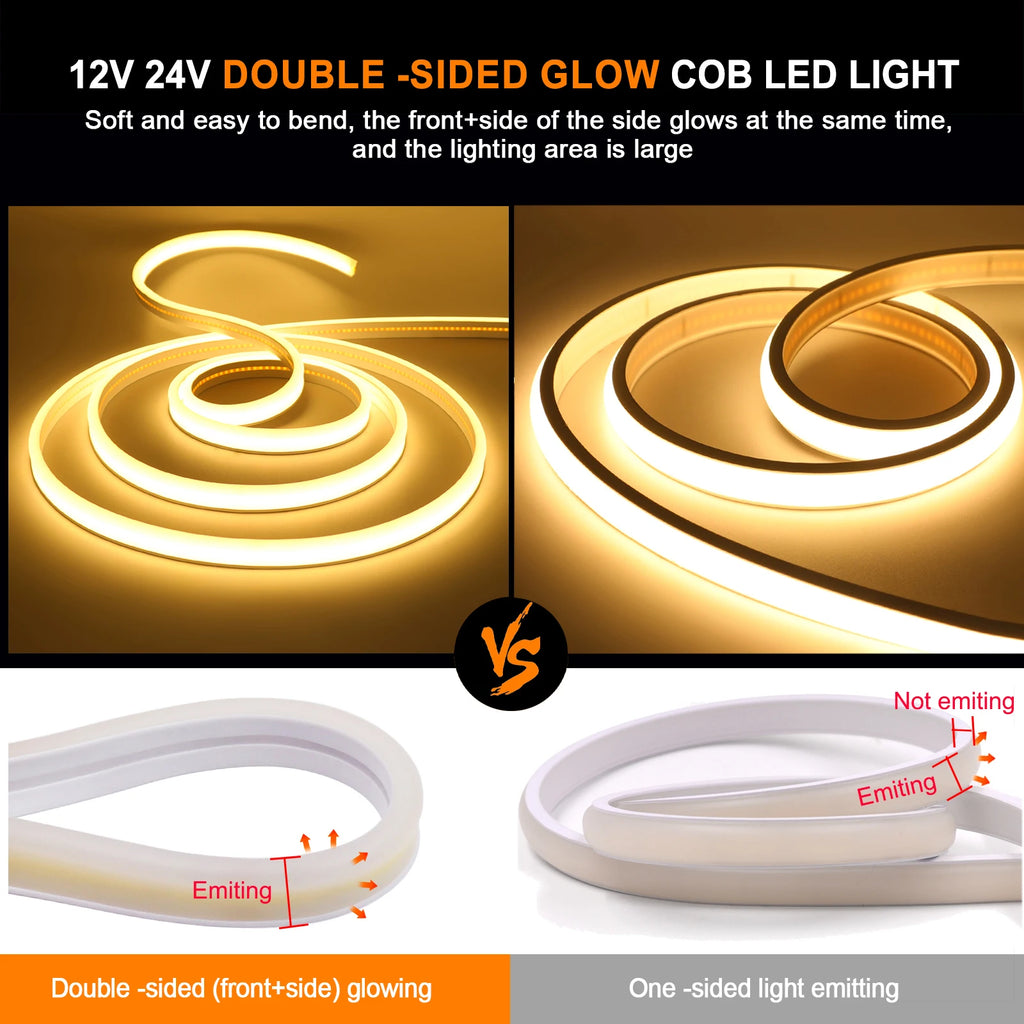 12V 24V COB LED Strip Light Double Side Glow Waterproof Flexible LED Neon Tape 320LEDs High Density Linear Lighting 0.5-20M