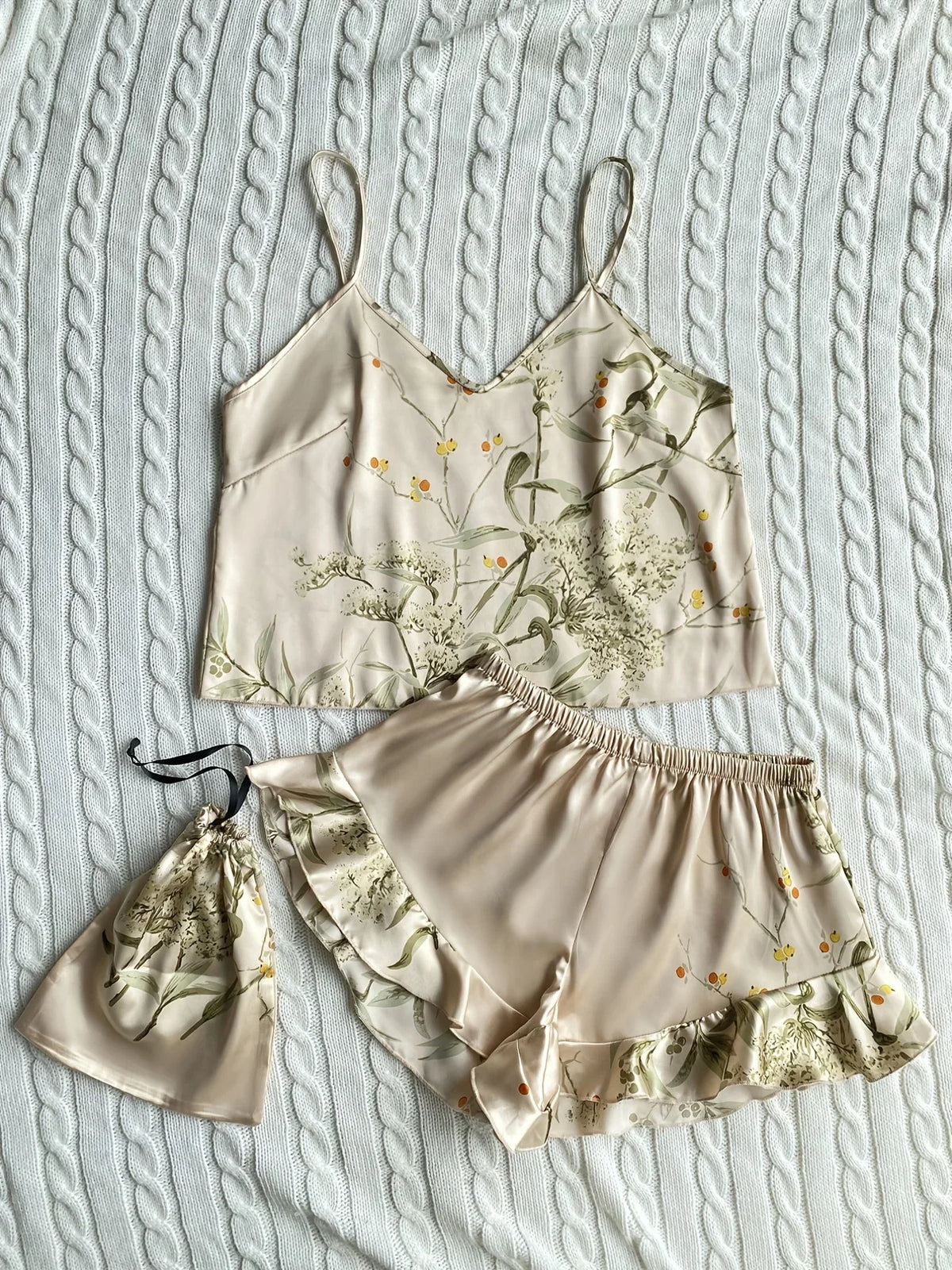 Summer Elegant  Print Cami Tops Ruffle Hem Shorts Pajama Set  Women's Sleepwear V Neck Strap Loungewear