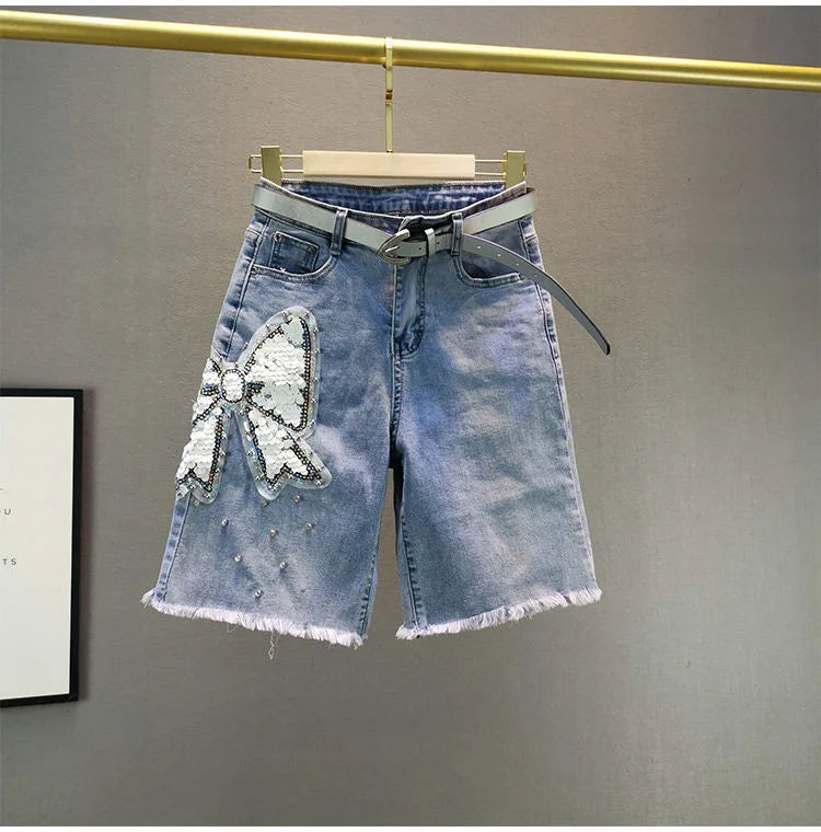 Ladies' Beaded and Sequined Denim Cropped Pants, New Summer Style, Raw-edge Straight-cut, Slim-fitting, Versatile Shorts