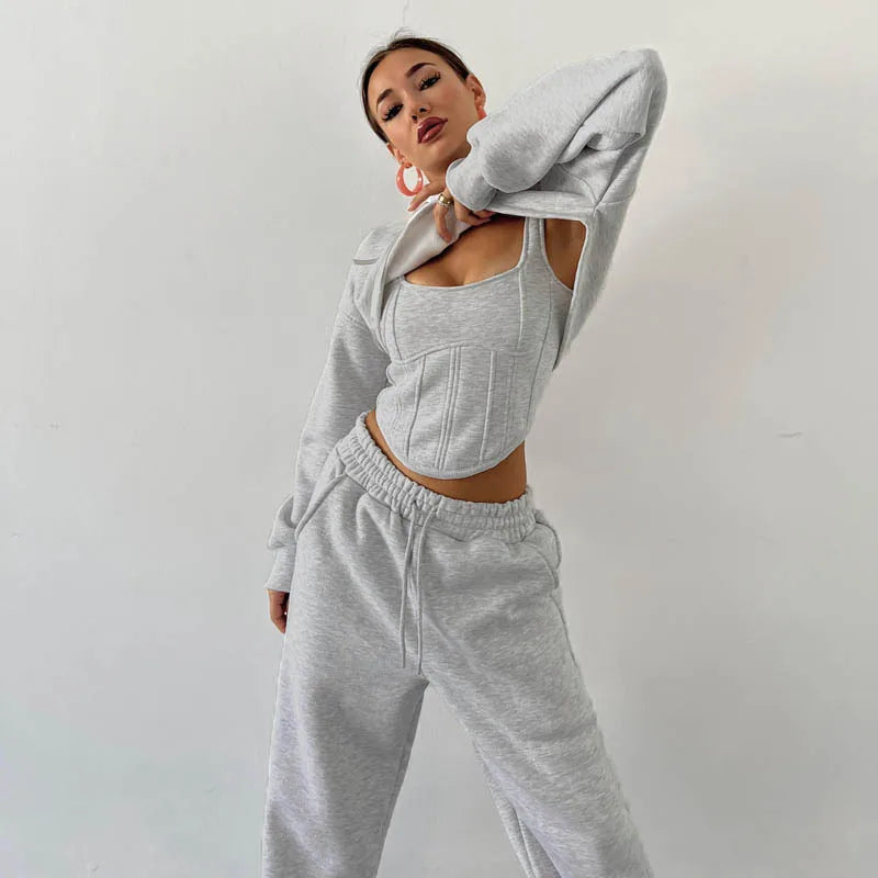 Women's Casual Sweatpants Set Belted Hooded Short Hoodie Corset Three-Piece Autumn Winter Comfortable Polyester Plus Size