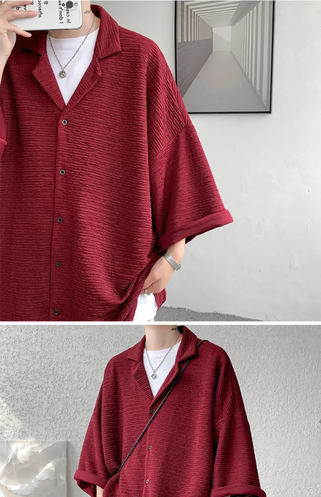 LEGIBLE Spring Summer Solid Shirts Men Casual Oversized Three Quarter Shirts Male Loose Fit Shirt for Man