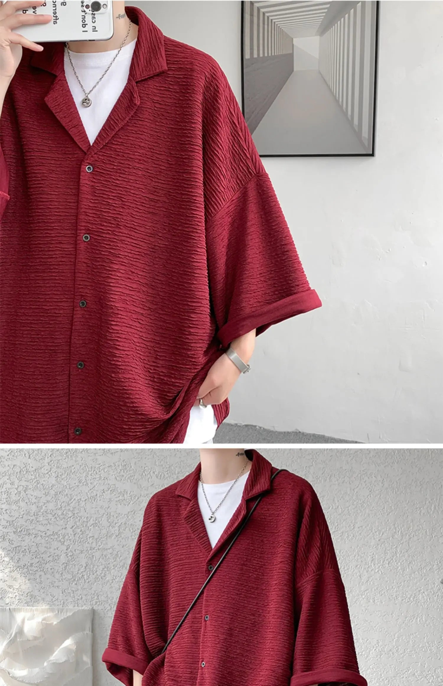 LEGIBLE Spring Summer Solid Shirts Men Casual Oversized Three Quarter Shirts Male Loose Fit Shirt for Man