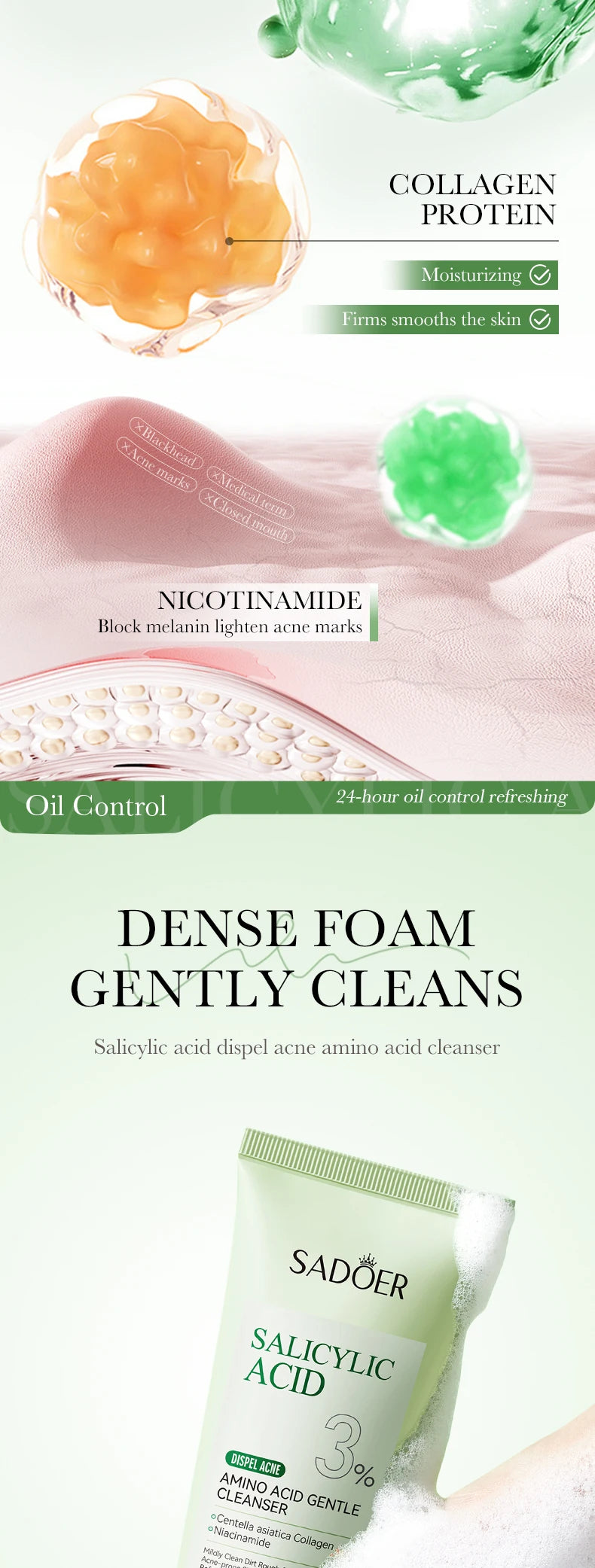 Salicylic Acid Face Wash – Oil Control Deep Cleansing Foaming Cleanser for Oily Acne-Prone Skin, Gentle Amino Acid Formula
